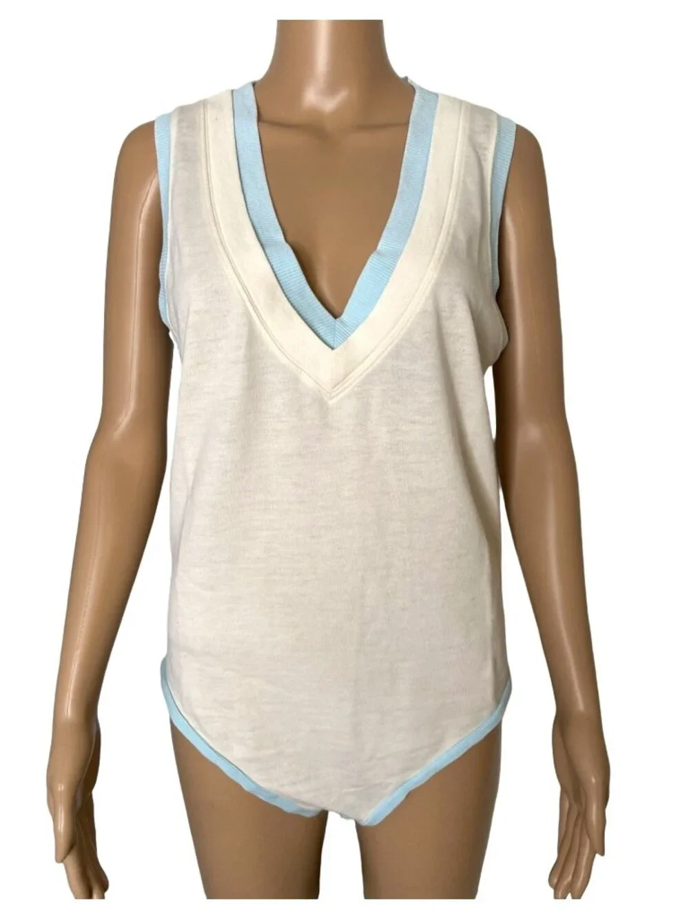 Free People Intimately Cozy Girls Tank Bodysuit Ivory Blue Size Small